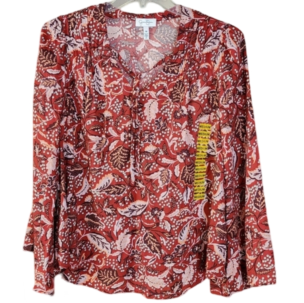JESSICA SIMPSON NWOT Blouse Women's Medium Boho Floral Bell‎ Sleeves